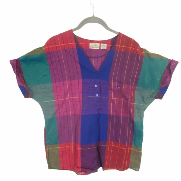 Vintage Tops - Vtg Liz Claiborne Womens Multicolor Plaid  Top 10